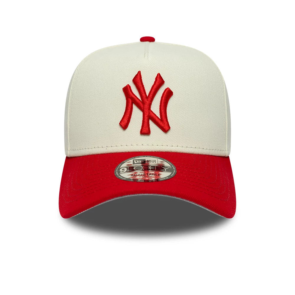 New York Yankees MLB Chrome Scarlet Cream New Era 9FORTY A-Frame Adjustable Cap, front view showing a red raised embroidered NY logo on the cream front panel, with a red curved visor and the 9FORTY size sticker on the centre.