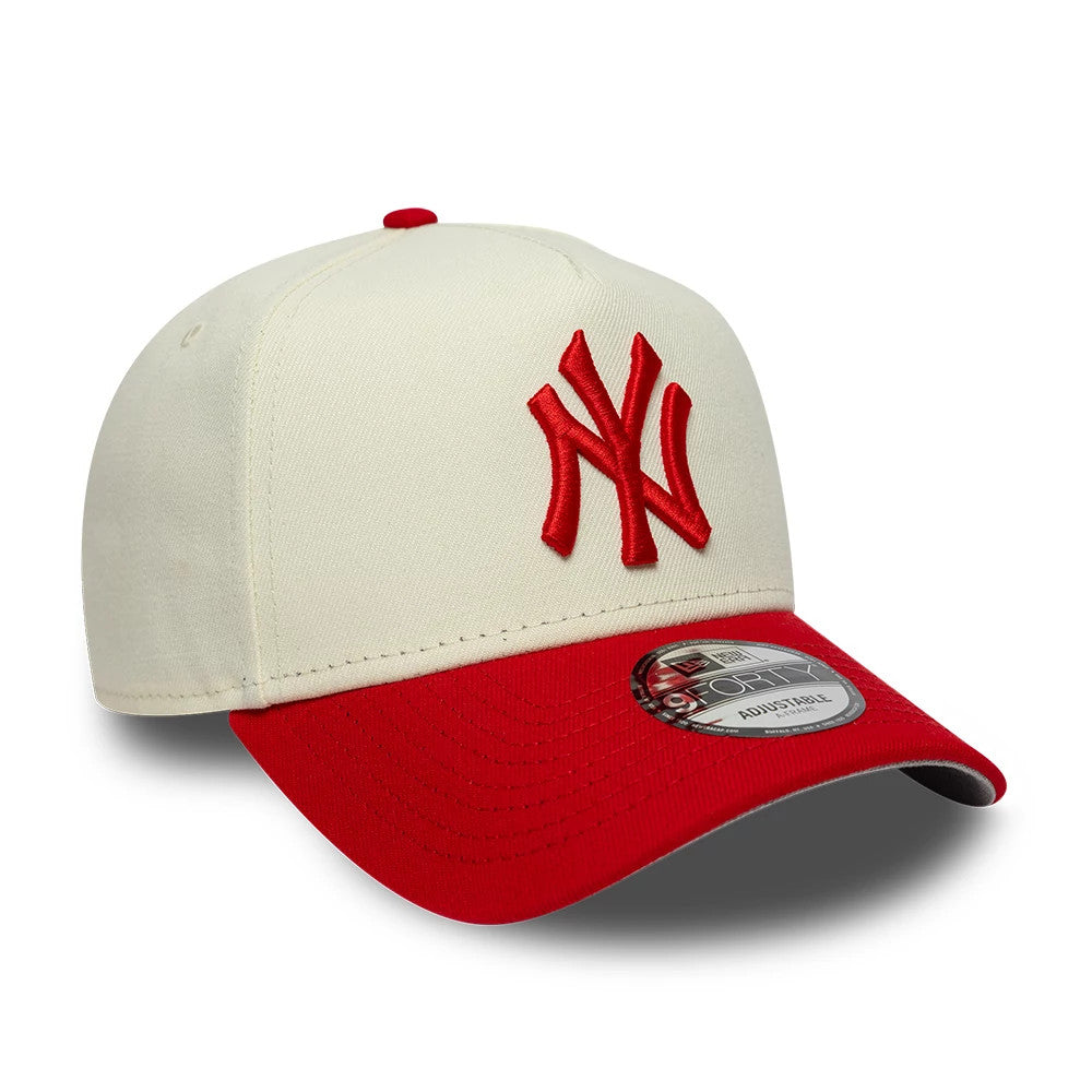 New York Yankees MLB Chrome Scarlet Cream New Era 9FORTY A-Frame Adjustable Cap, three-quarter view with raised red embroidered NY logo on the cream front panel, red curved visor with 9FORTY size sticker, and matching red top button.