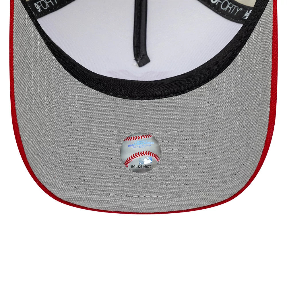 New York Yankees MLB Chrome Scarlet Cream New Era 9FORTY A-Frame Adjustable Cap, inside view showing a grey undervisor with a baseball sticker, black sweatband with New Era branding, and white taping along the cap's interior seams.