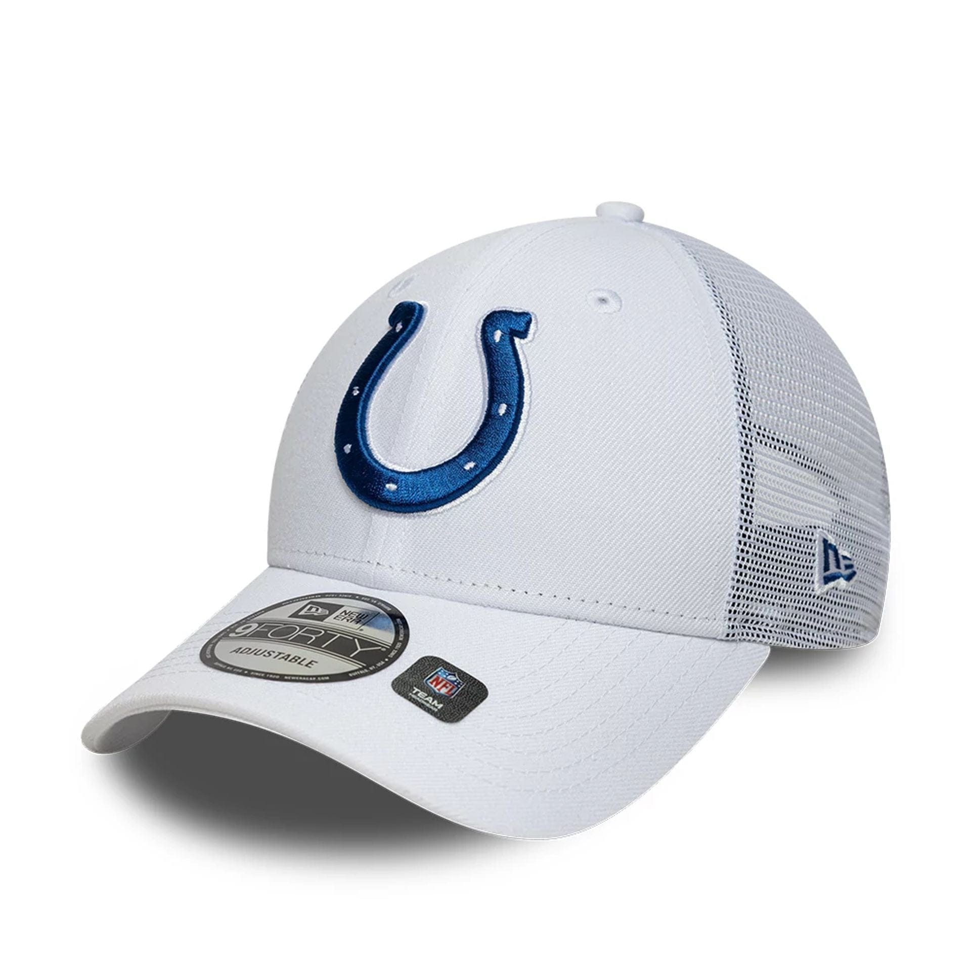 This is a Indianapolis Colts NFL White 9FORTY A-Frame Trucker Adjustable Cap 1