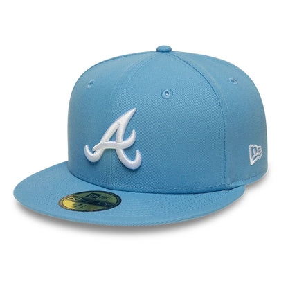 Pictured is this MLB Atlanta Braves 59FIFTY Fitted cap in pastel blue. 1