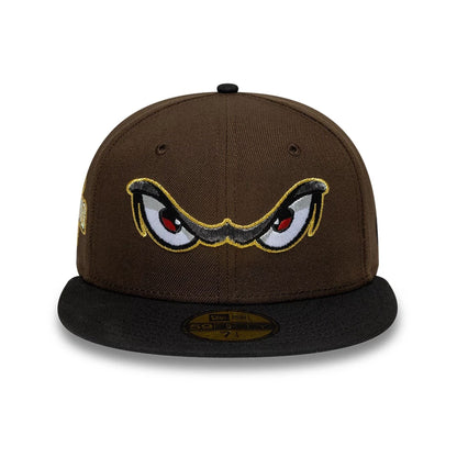 Pictured is this MiLB Pinwheel Lake Elsinore Storm 59FIFTY Fitted cap in dark brown. 3
