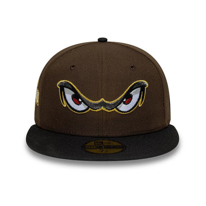 Pictured is this MiLB Pinwheel Lake Elsinore Storm 59FIFTY Fitted cap in dark brown & black. 3