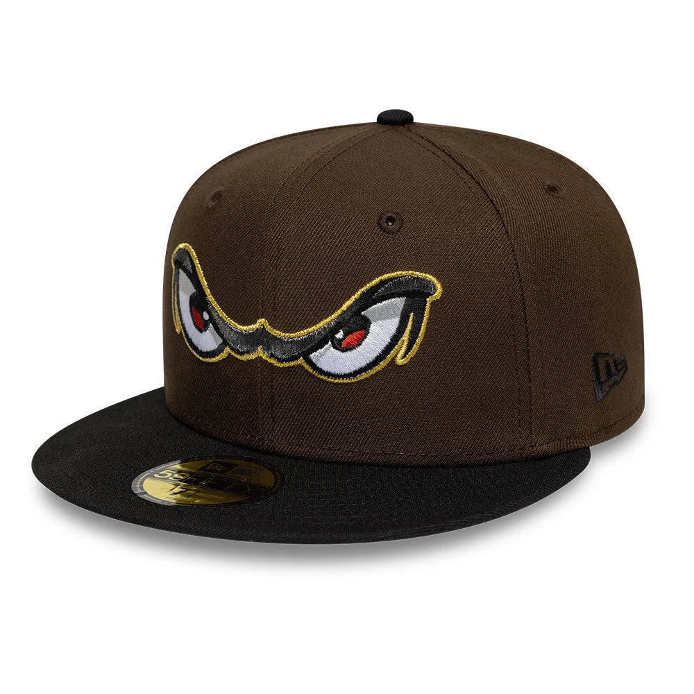 Pictured is this MiLB Pinwheel Lake Elsinore Storm 59FIFTY Fitted cap in dark brown & black. 4