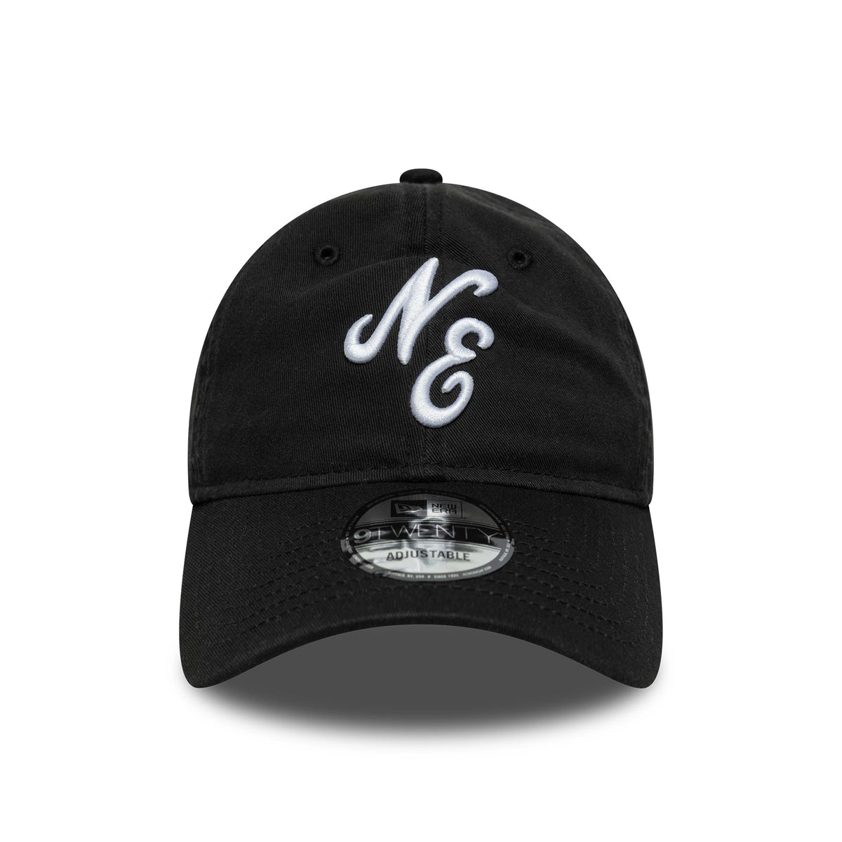 New Era Black 9TWENTY Adjustable Cap, front view showing white embroidered NE logo on the unstructured black crown, with a curved visor, and a clear 9TWENTY size sticker on the centre front.
