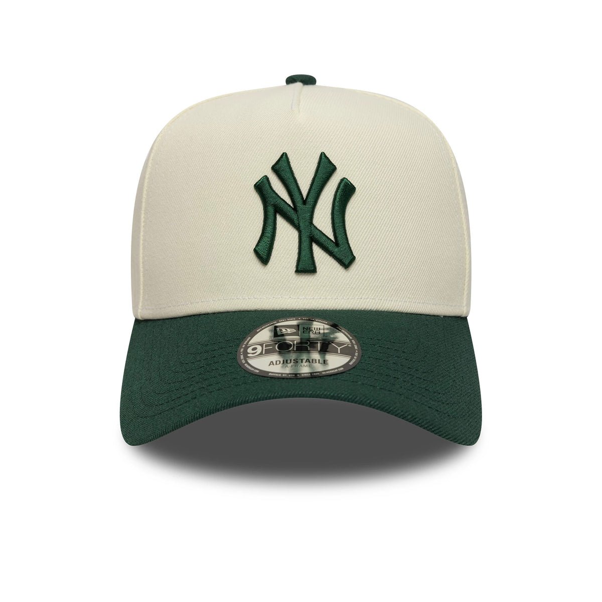 Pictured is this MLB World Series New York Yankees 9FORTY A-Frame cap in cream and dark green. 4