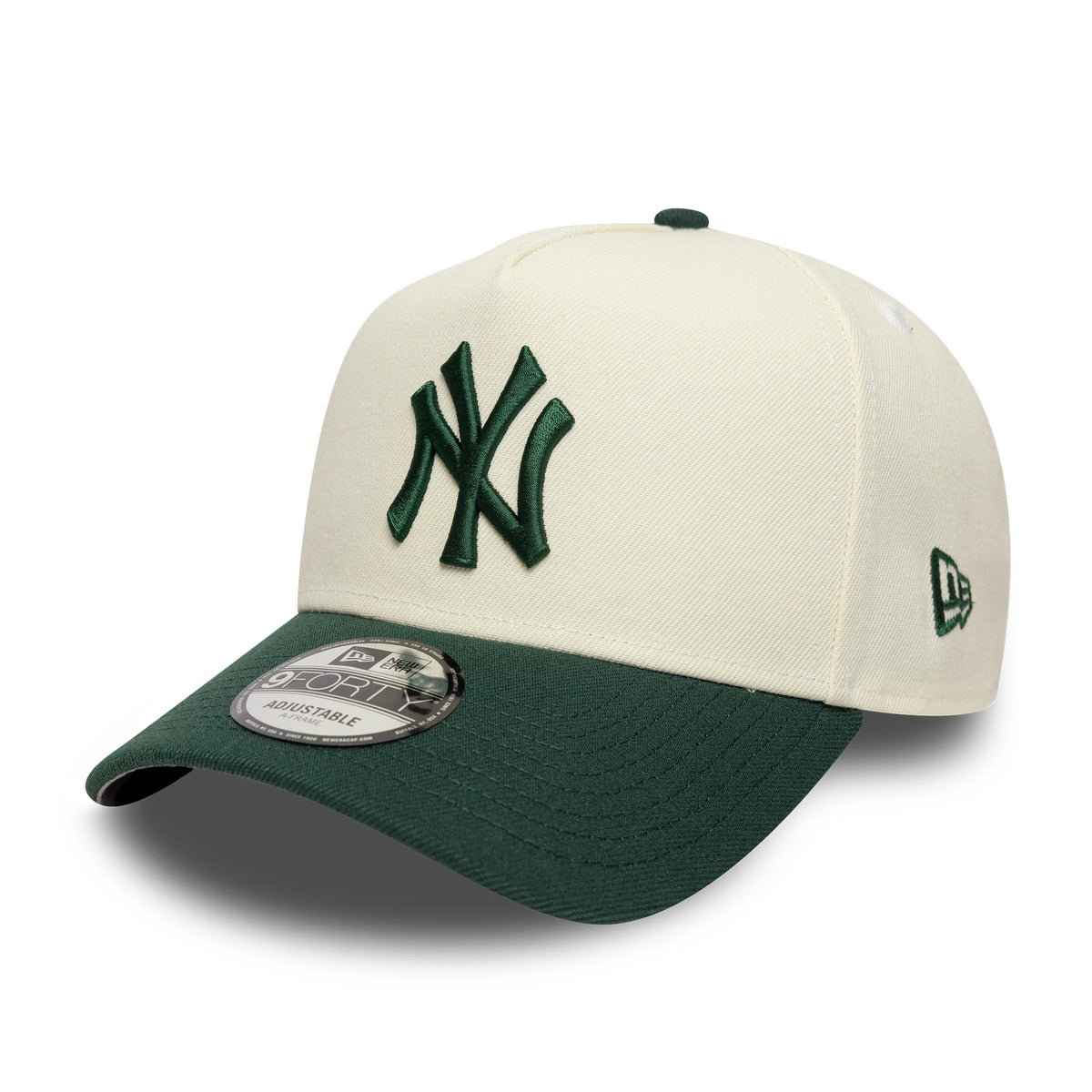 Pictured is this MLB World Series New York Yankees 9FORTY A-Frame cap in cream and dark green. 3