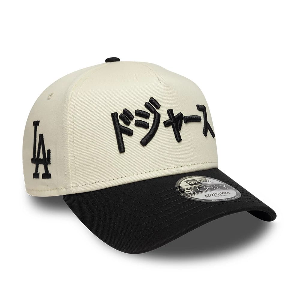 Pictured is this MLB Kanji LA Dodgers 9FORTY A-Frame Adjustable cap in cream. 1