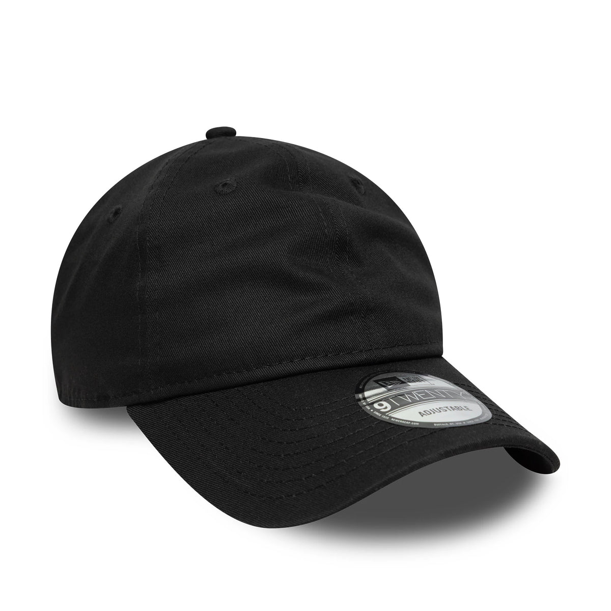 New Era Black 9TWENTY Adjustable Cap, front view showing the curved visor with stitching and the 9TWENTY size sticker on top, featuring a structured black crown with embroidered eyelets and a top button.