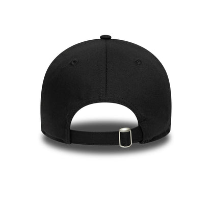 New Era Black 9TWENTY Adjustable Cap, rear view showing the curved fabric strap with a silver buckle, embroidered eyelets on each side of the structured black crown, and the top button centred at the top of the cap.