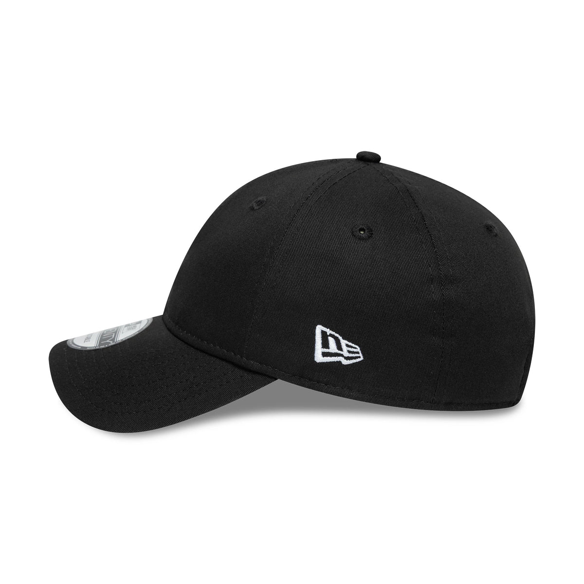 New Era Black 9TWENTY Adjustable Cap, side view showing the white embroidered New Era flag logo on the left side of the unstructured black crown, with a curved black visor and 9TWENTY size sticker on top.