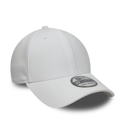 New Era White 39THIRTY Stretch Fit Cap, three-quarter view showing the curved white visor with a 39THIRTY size sticker, white top button, and matching embroidered eyelets on the structured crown.