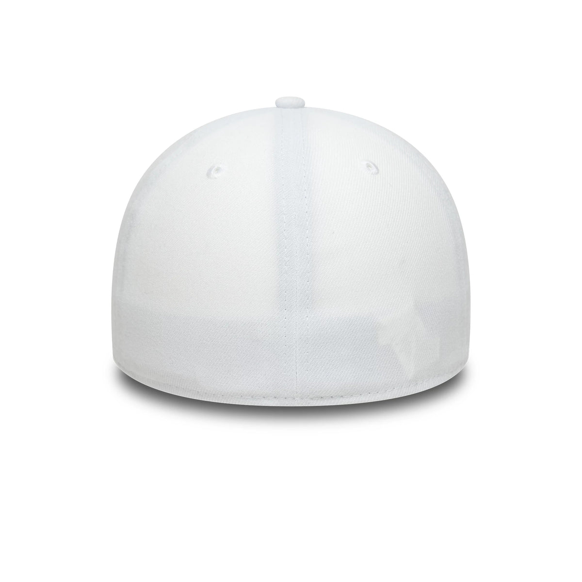 New Era White 39THIRTY Stretch Fit Cap, rear view showing the seamless white silhouette with a clean, structured crown, detailed with white eyelets and a matching top button, presenting a and minimalist design.
