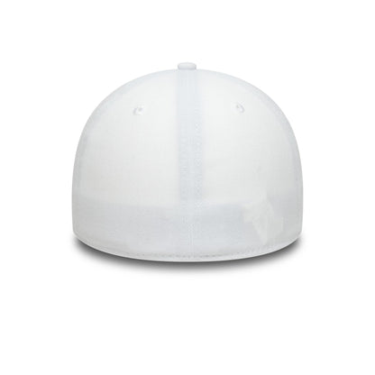 New Era White 39THIRTY Stretch Fit Cap, rear view showing the seamless white silhouette with a clean, structured crown, detailed with white eyelets and a matching top button, presenting a and minimalist design.