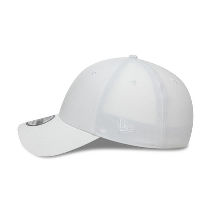 New Era White 39THIRTY Stretch Fit Cap, three-quarter view showing the curved white visor with a 39THIRTY size sticker, a structured white crown with matching eyelets and top button, and the embroidered New Era flag logo on the left side.