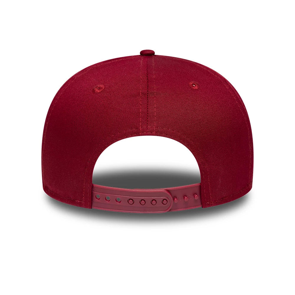 New Era Red Retro Crown 9FIFTY Snapback Adjustable Cap, rear view showing the red panels and structured design with an adjustable red snapback closure for a customised fit, featuring matching red embroidered eyelets and a top button.