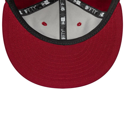 New Era Red Retro Crown 9FIFTY Snapback Adjustable Cap, inside view showing the black taping with white 9FIFTY branding, grey sweatband, and red undervisor with seam stitching and red embroidered eyelets on the crown.