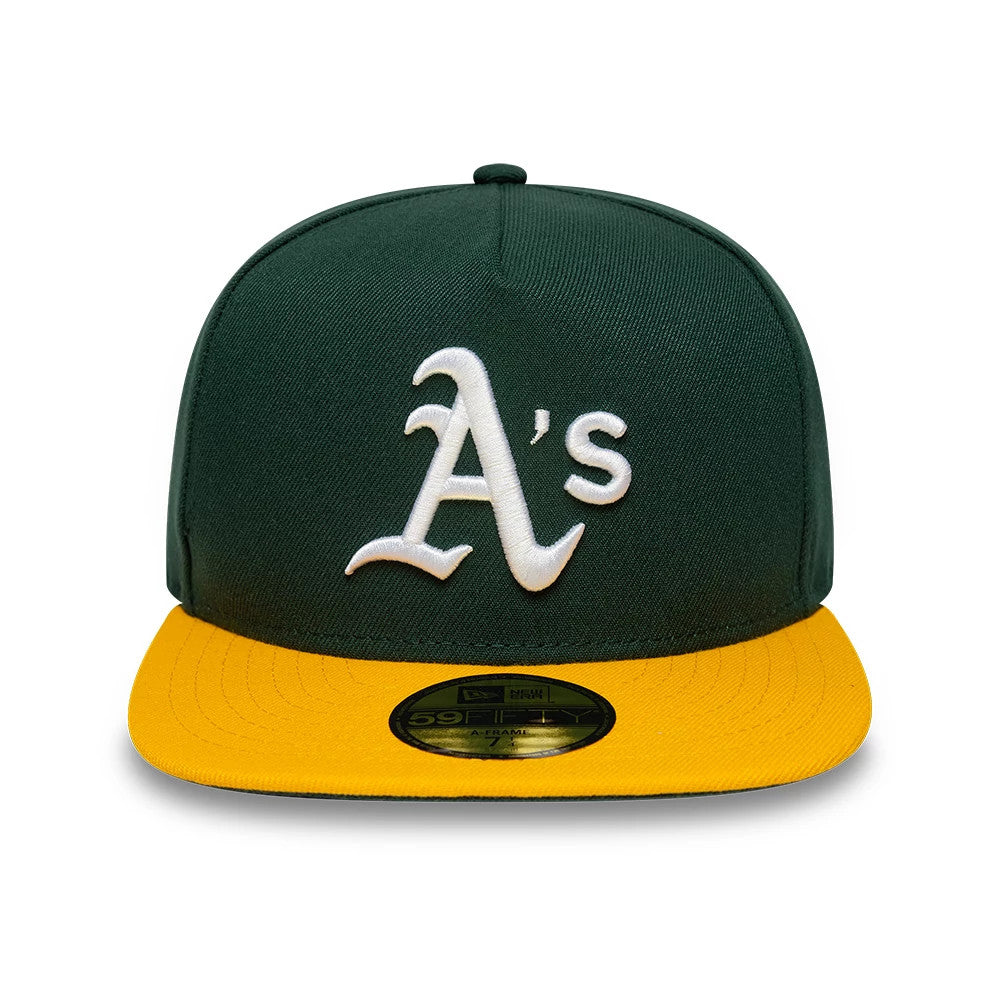 This is an Athletics Flat 59FIFTY A-Frame Fitted Cap in dark green & yellow. 2