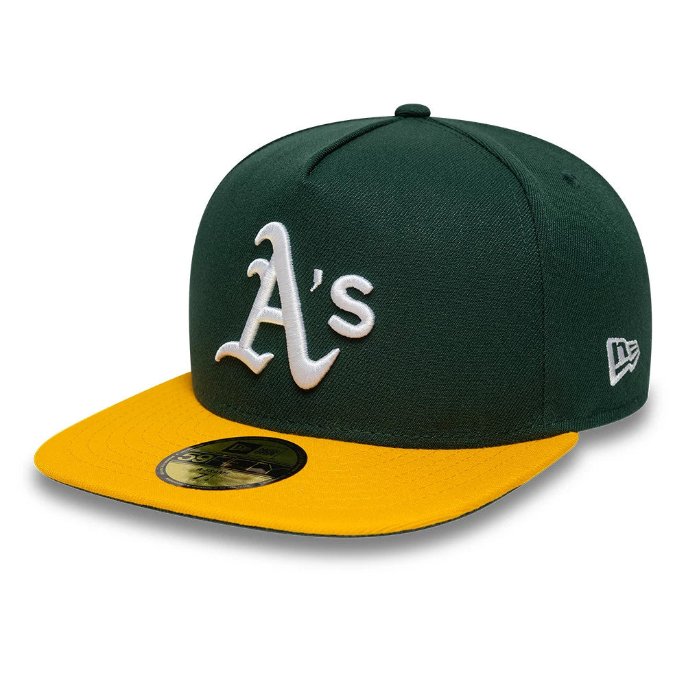 This is an Athletics Flat 59FIFTY A-Frame Fitted Cap in dark green & yellow. 1