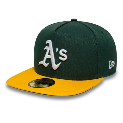 Athletics MLB Flat Dark Green & Yellow New Era 59FIFTY A-Frame Fitted Cap, three-quarter view showing a raised white A's logo on the front panel, a contrasting yellow visor with a gold 59FIFTY size sticker, and the New Era flag logo on the left side.