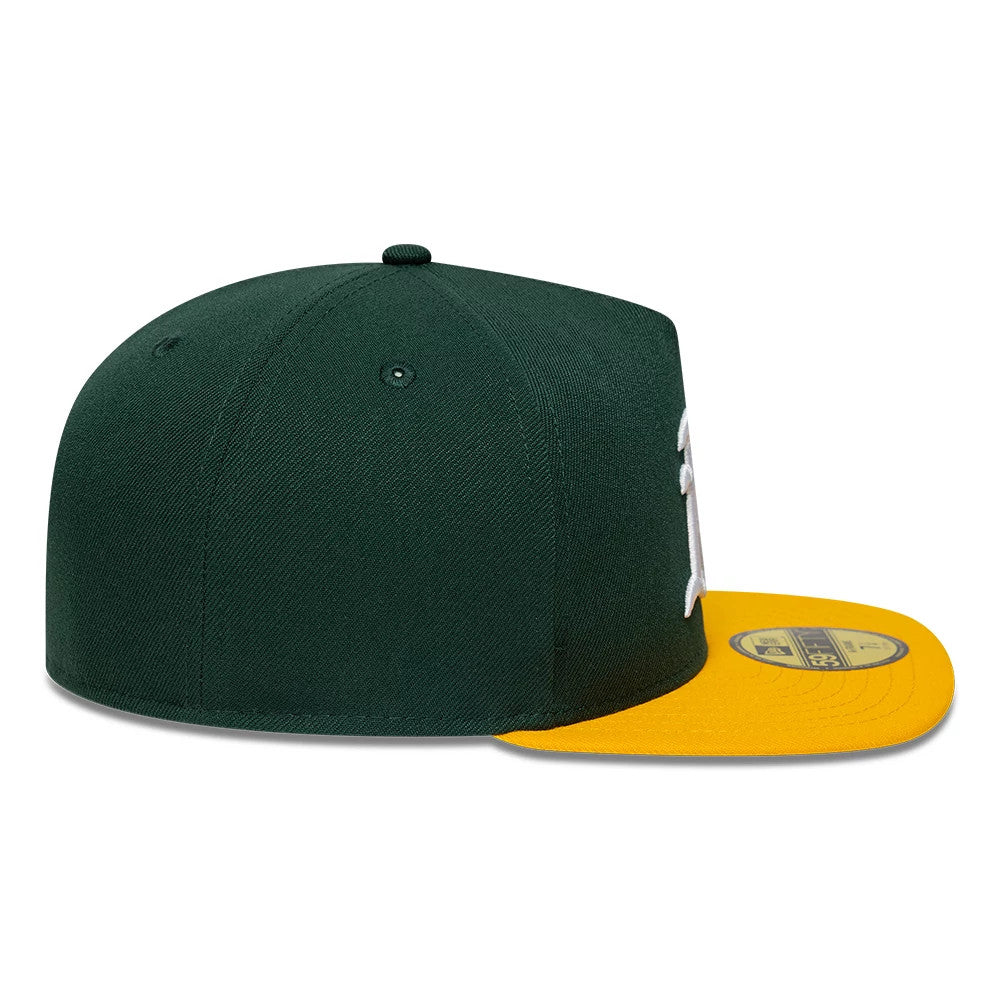 This is an Oakland Athletics Flat 59FIFTY A-Frame Fitted Cap in dark green & yellow. 5
