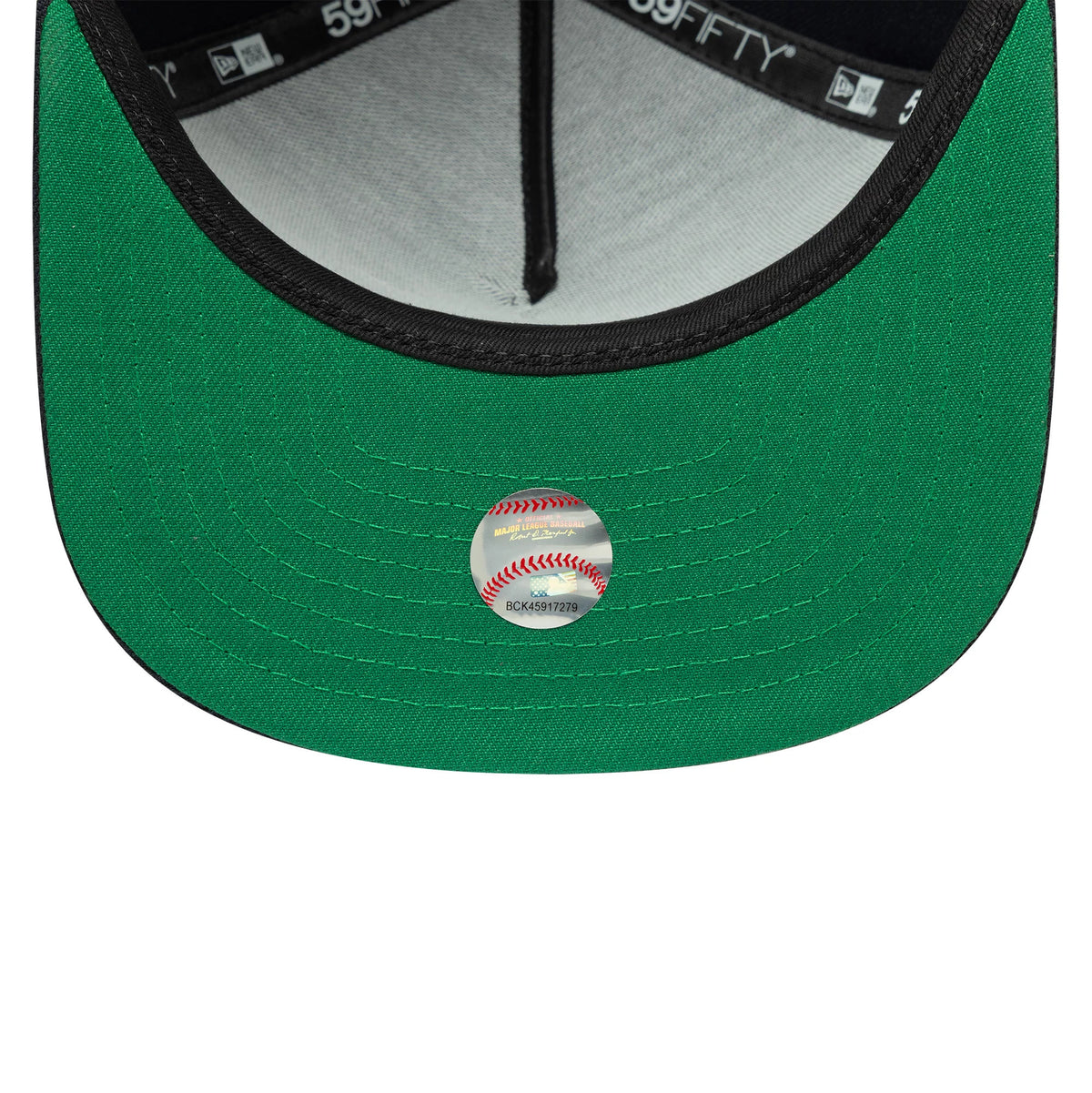 New York Yankees MLB Flat Navy New Era 59FIFTY A-Frame Fitted Cap, inside view showing the green undervisor with a baseball-themed sticker at the centre, black internal taping with white 59FIFTY lettering, and a light grey sweatband.