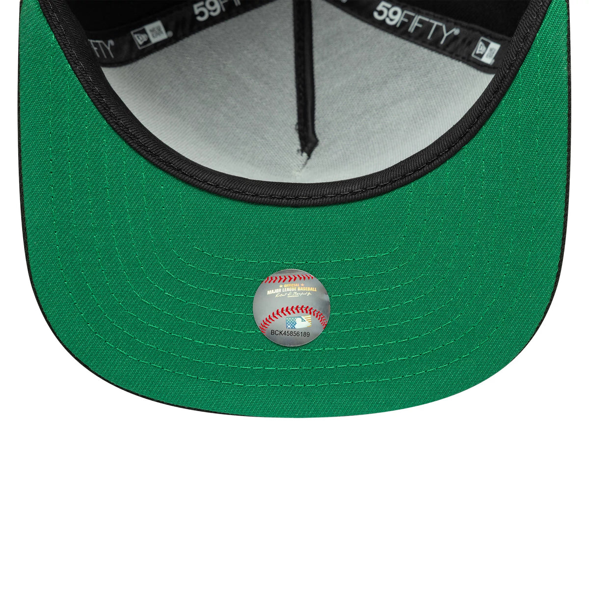 Athletics MLB Flat Black New Era 59FIFTY A-Frame Fitted Cap, inside view showing green undervisor with baseball graphic size sticker, black taping with repeated white 59FIFTY branding and a light grey sweatband lining the structured crown.