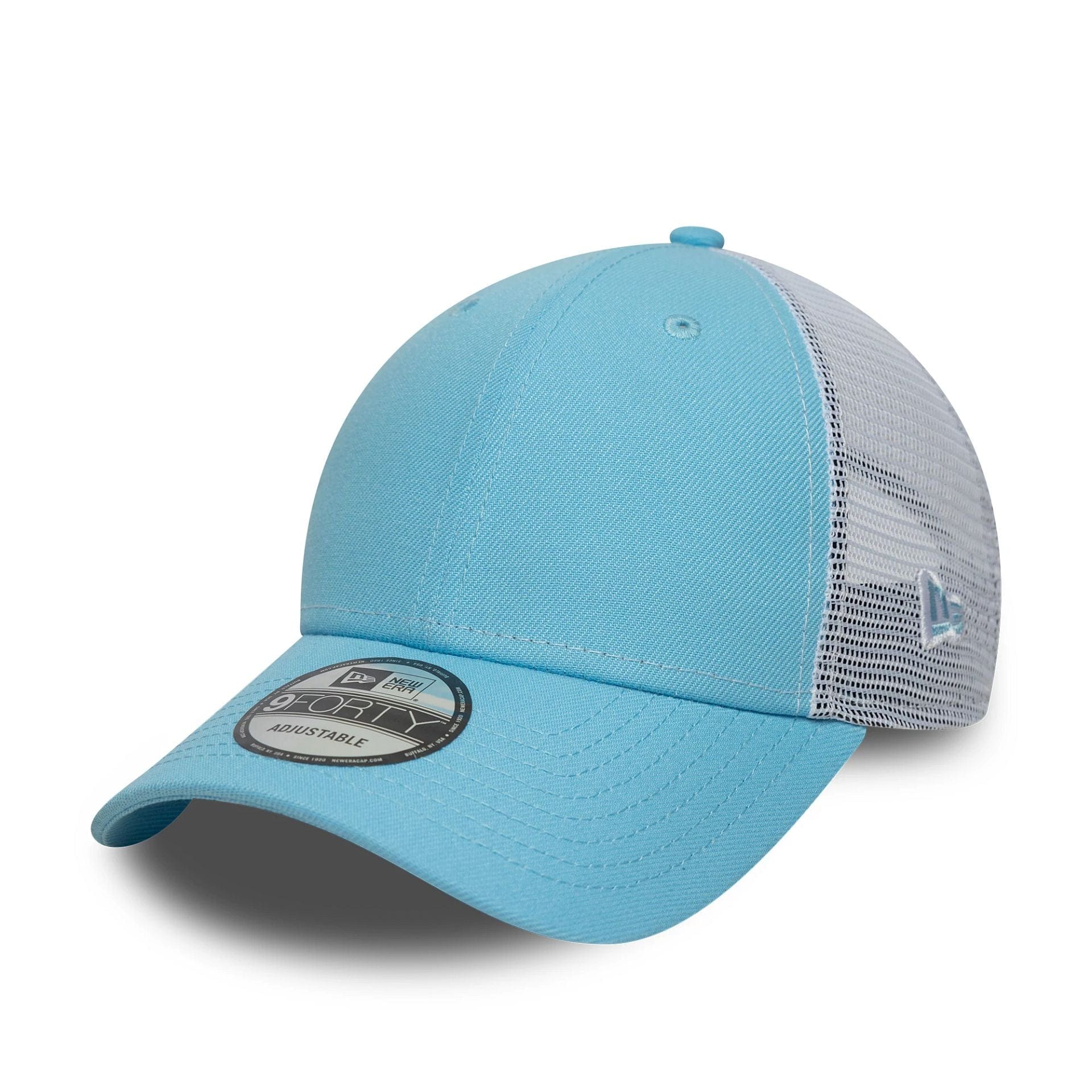 This is a New Era Pastel Blue 9FORTY Trucker Adjustable Cap 1