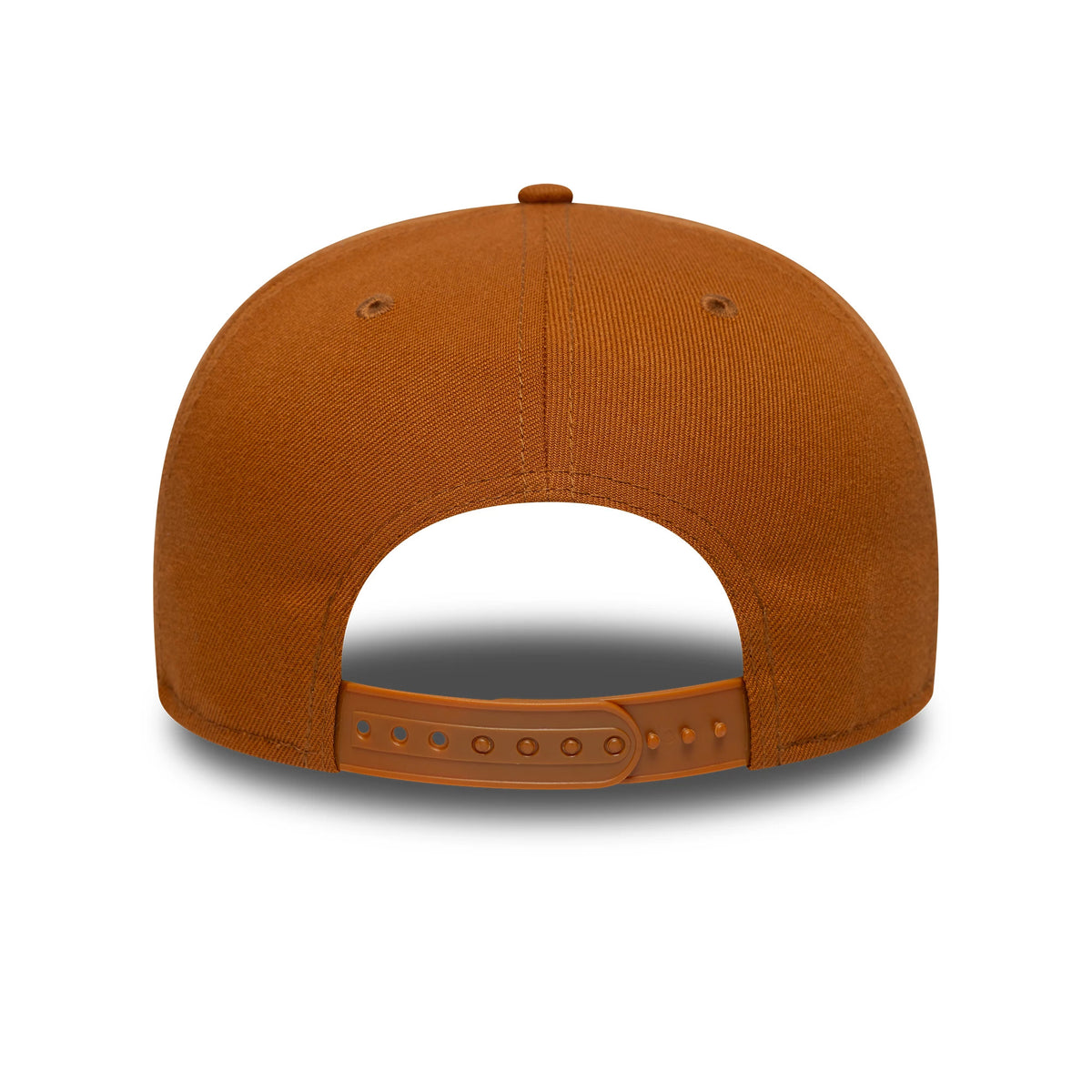 New Era Brown 9FIFTY Snapback Adjustable Cap, rear view showing the brown plastic snapback closure with multiple adjustment notches, partially top button, and matching brown crown fabric with panel seams and embroidered eyelets.