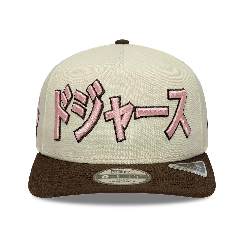 Pictured is this MLB Kanji LA Dodgers 9FIFTY A-Frame Snapback Adjustable cap in cream and brown. 3