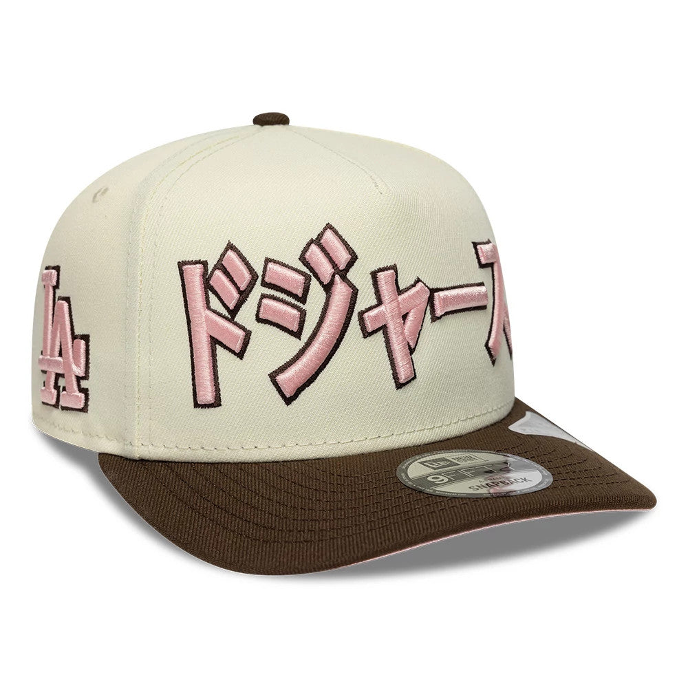 Pictured is this MLB Kanji LA Dodgers 9FIFTY A-Frame Snapback Adjustable cap in cream and brown. 4