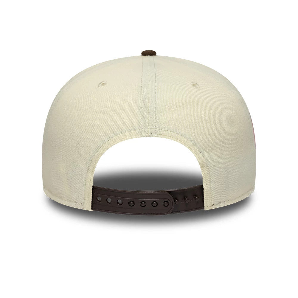 Pictured is this MLB Kanji LA Dodgers 9FIFTY A-Frame Snapback Adjustable cap in cream and brown. 7