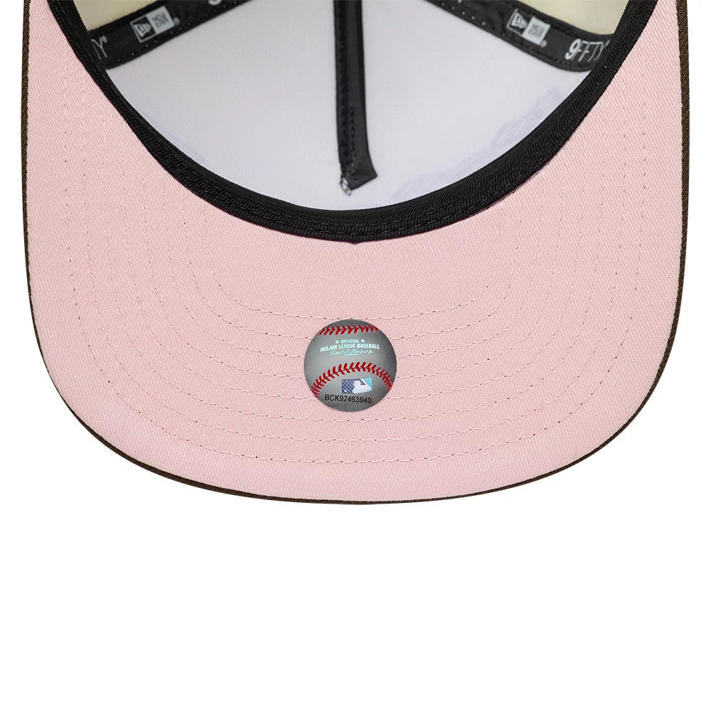 Pictured is this MLB Kanji LA Dodgers 9FIFTY A-Frame Snapback Adjustable cap in cream and brown. 2