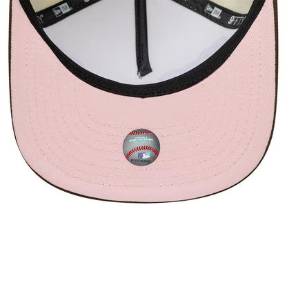 Pictured is this MLB Kanji LA Dodgers 9FIFTY A-Frame Snapback Adjustable cap in cream and brown. 2