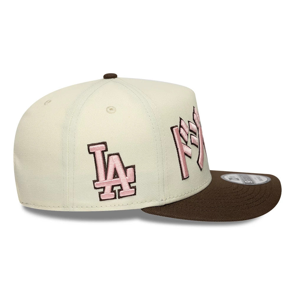 Pictured is this MLB Kanji LA Dodgers 9FIFTY A-Frame Snapback Adjustable cap in cream and brown. 5