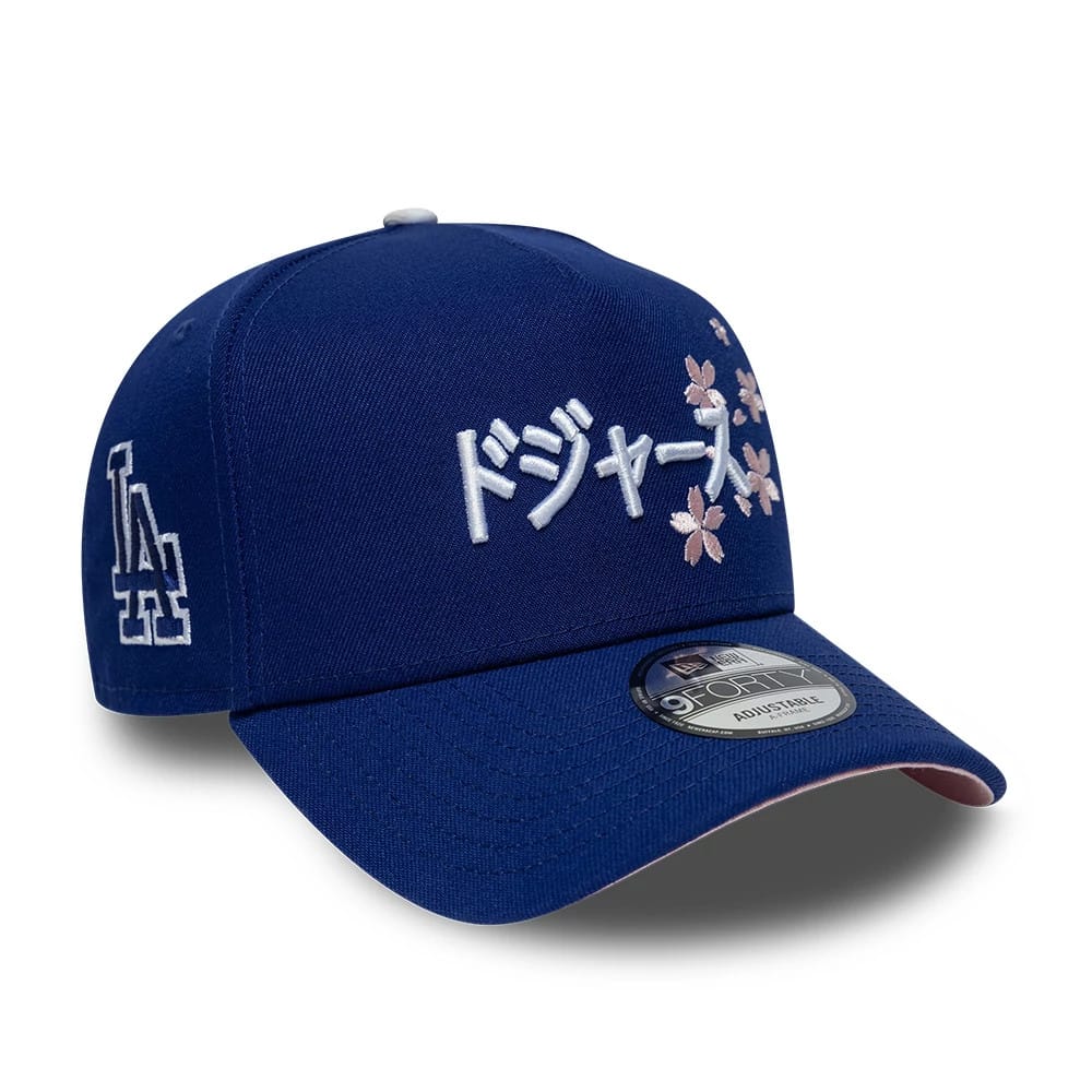 Pictured is this MLB Kanji LA Dodgers 9FORTY A-Frame Adjustable cap in dark blue. 1