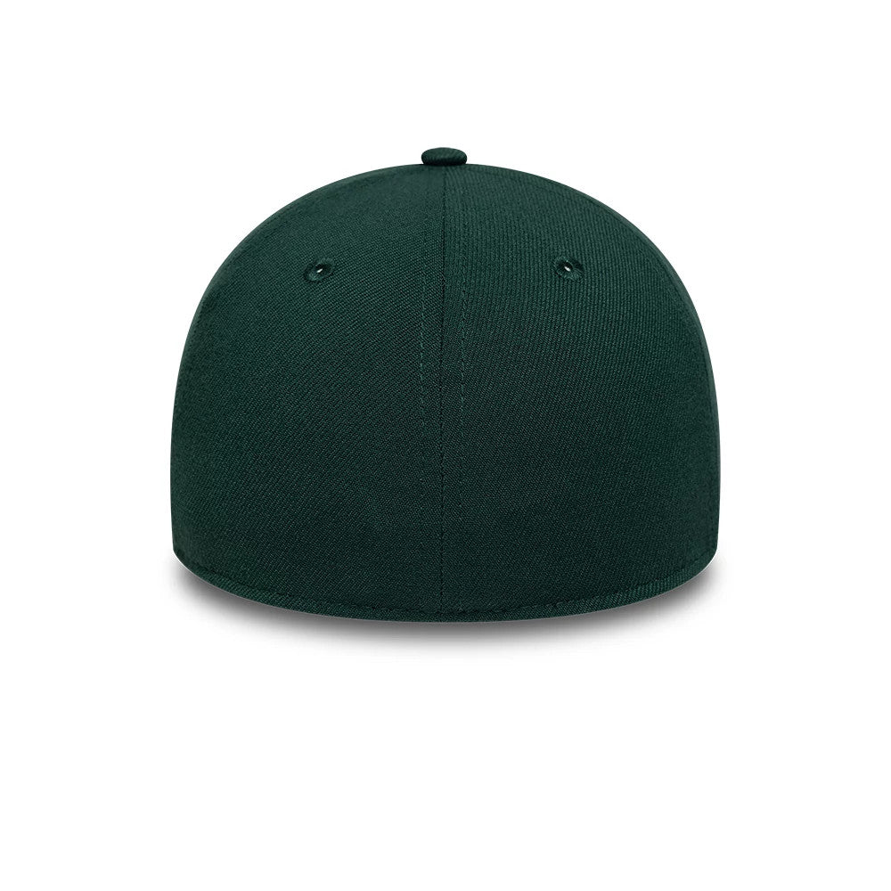 New York Yankees MLB Dark Green New Era 39THIRTY Stretch Fit Cap, rear view showing the solid dark green structured crown with matching eyelets and top button, and the absence of any logos or embellishments at the back panels.