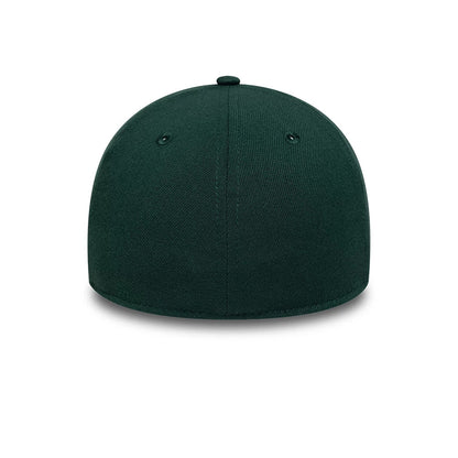 New York Yankees MLB Dark Green New Era 39THIRTY Stretch Fit Cap, rear view showing the solid dark green structured crown with matching eyelets and top button, and the absence of any logos or embellishments at the back panels.