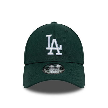 LA Dodgers MLB Dark Green New Era 39THIRTY Stretch Fit Cap, front view showing the white embroidered LA logo on the structured dark green crown, with a pre-curved visor and 39THIRTY size sticker at the centre.