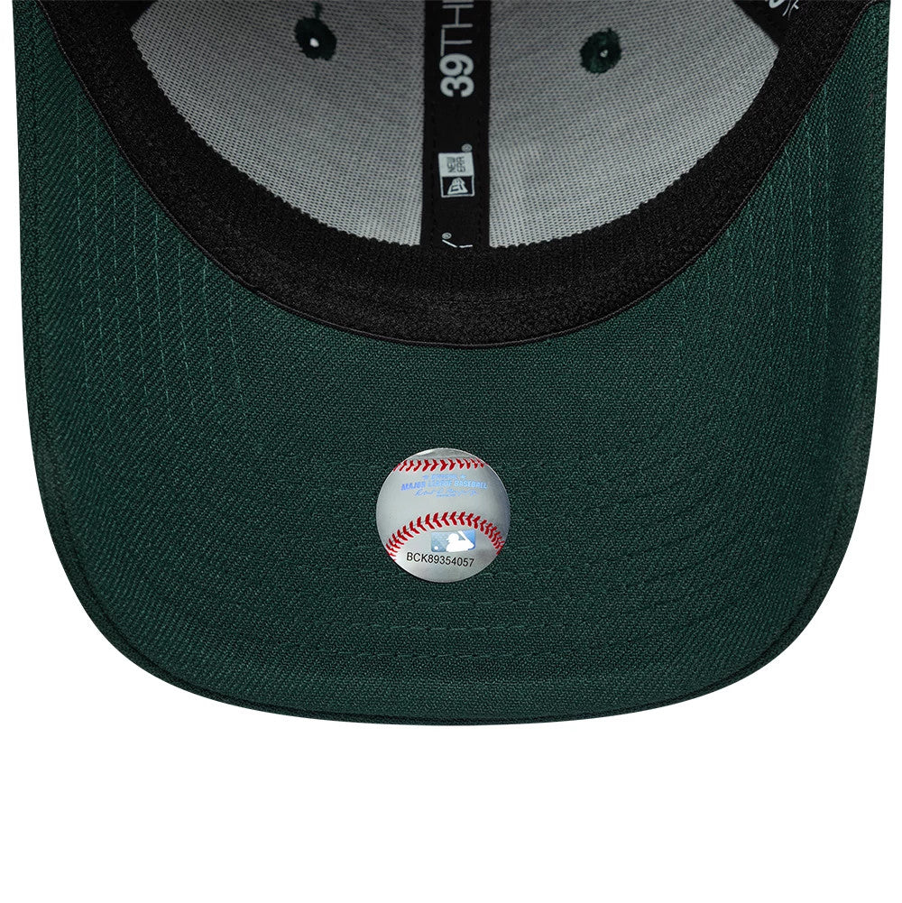 LA Dodgers MLB Dark Green New Era 39THIRTY Stretch Fit Cap, inside view showing the black sweatband with logo taping, white undervisor, and baseball-themed holographic sticker on the dark green visor with dark green eyelets.