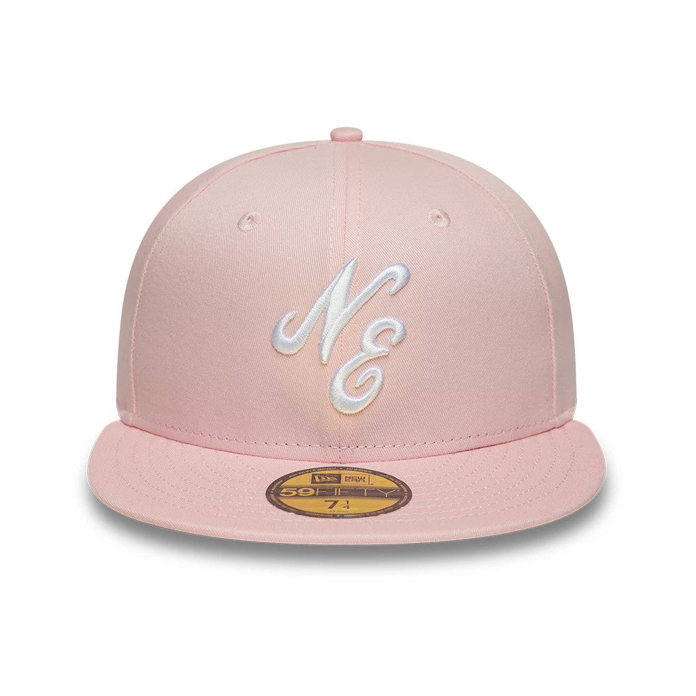 New Era Heritage Connect Pastel Pink 59FIFTY Fitted Cap, front view showing the white raised embroidery NE logo on the structured pastel pink crown, complemented by a matching pink flat visor and a gold 59FIFTY size sticker on the visor.