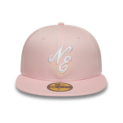 New Era Heritage Connect Pastel Pink 59FIFTY Fitted Cap, front view showing the white raised embroidery NE logo on the structured pastel pink crown, complemented by a matching pink flat visor and a gold 59FIFTY size sticker on the visor.