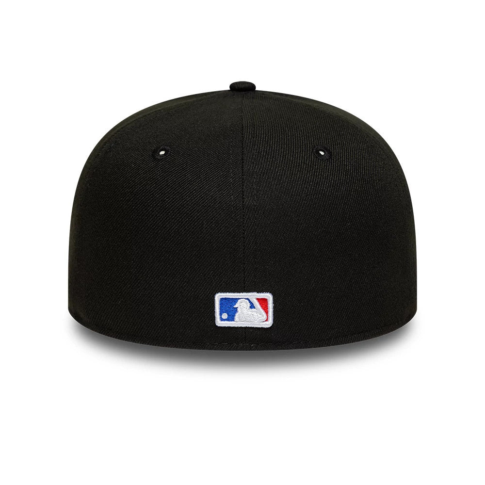 Colorado Rockies MLB Black New Era 59FIFTY Fitted Cap, rear view with an embroidered MLB Batterman logo at the centre back in red, white, and blue, a structured black crown and a top button with matching black eyelets.