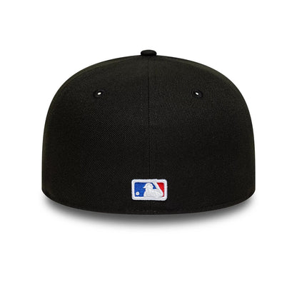 Colorado Rockies MLB Black New Era 59FIFTY Fitted Cap, rear view with an embroidered MLB Batterman logo at the centre back in red, white, and blue, a structured black crown and a top button with matching black eyelets.