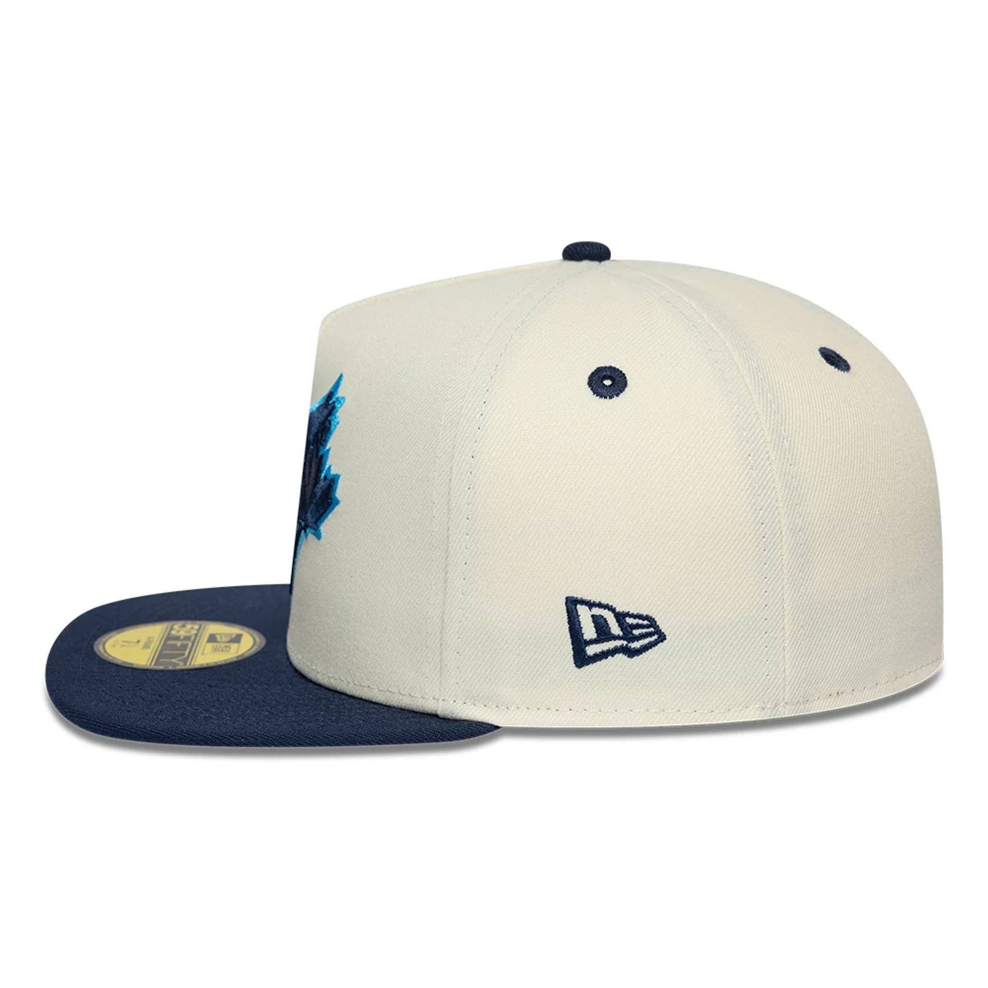 Pictured is this Toronto Blue Jays MLB White 59FIFTY A-Frame Fitted cap. 6