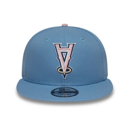 Pictured is this MLB Upside Down LA Angels 9FIFTY Snapback cap in pastel blue. 3