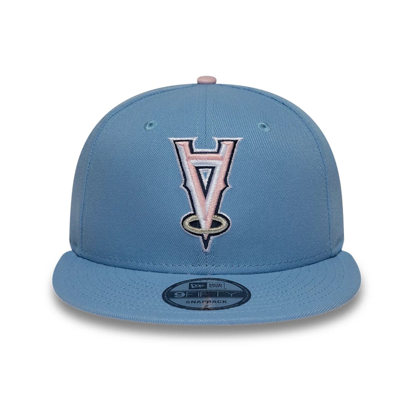 Pictured is this MLB Upside Down LA Angels 9FIFTY Snapback cap in pastel blue. 3