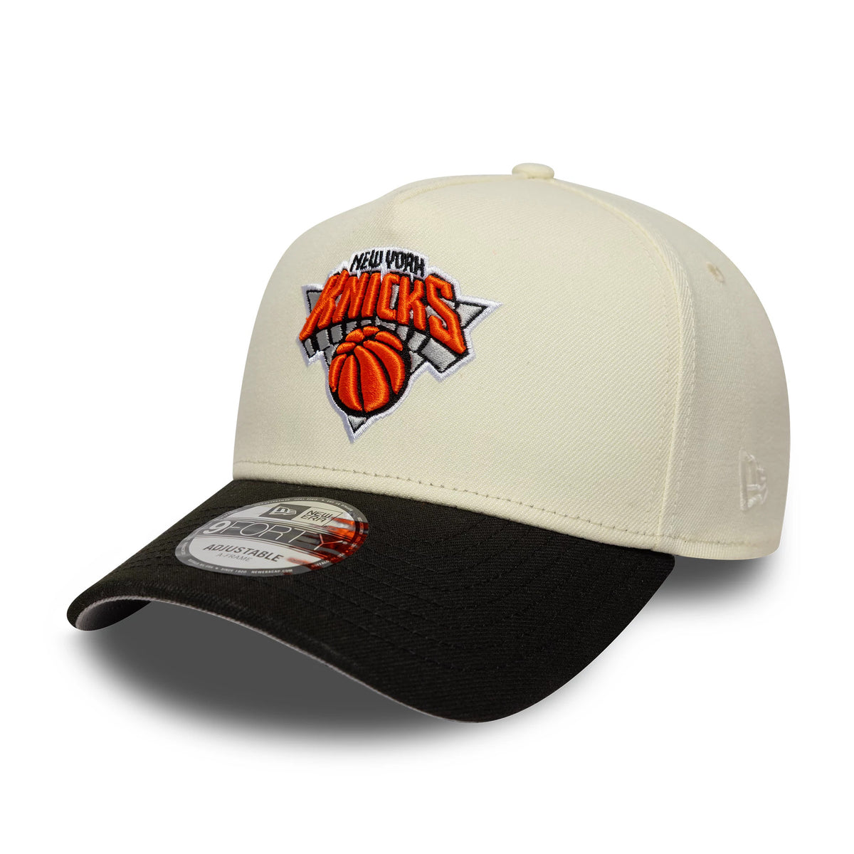 Pictured is this NBA New York Knicks 9FORTY A-Frame cap in white and black. 1