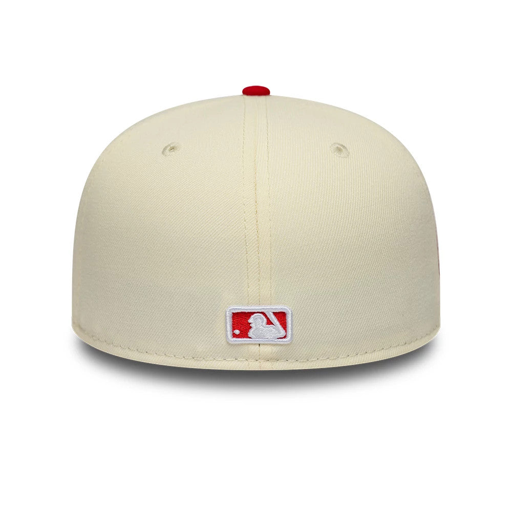 Pictured is this MLB Chrome Scarlet LA Dodgers 59FIFTY Fitted cap in cream. 6
