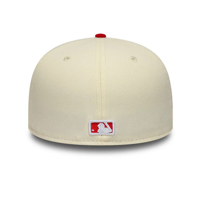 Pictured is this MLB Chrome Scarlet LA Dodgers 59FIFTY Fitted cap in cream. 6